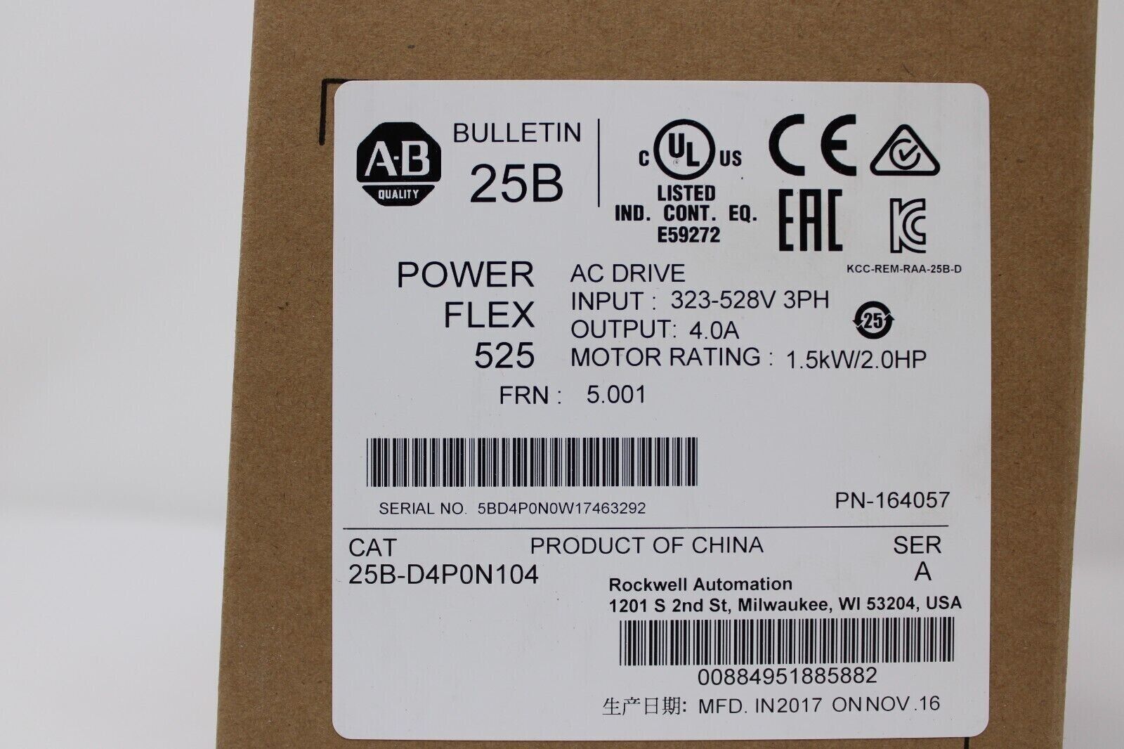 Allen Bradley AC Drive 1.5kW(2HP) 3PH Inverter 25B-D4P0N104 New Sealed